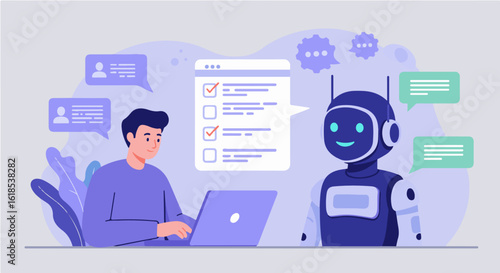 A man working on a laptop interacts with a friendly robot, discussing a checklist.