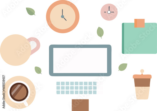 Overhead View Of Desk With Planner And Alarm Clock
