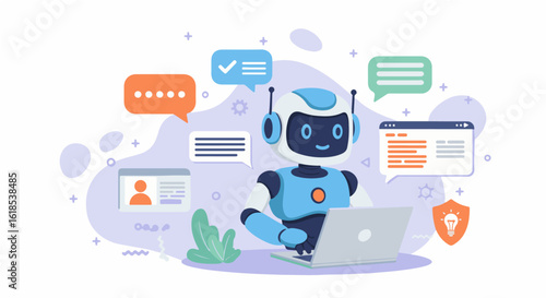 A robot works on a laptop surrounded by speech bubbles, profile card, website, and security shield icons.