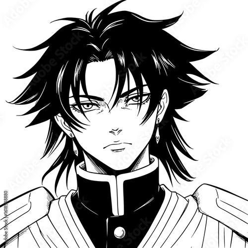 Intense anime hero stares confidently forward