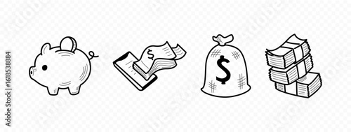 Collection of simple black and white financial doodle icons: piggy bank, mobile money, dollar bag, and cash stacks. Ideal for apps, infographics, and web design