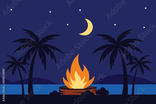  a cozy bonfire burns brightly on a tropical beach under the moonlight and stars vector illustration
