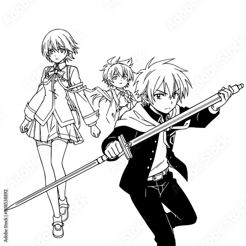 Dynamic anime trio wields swords ready for action