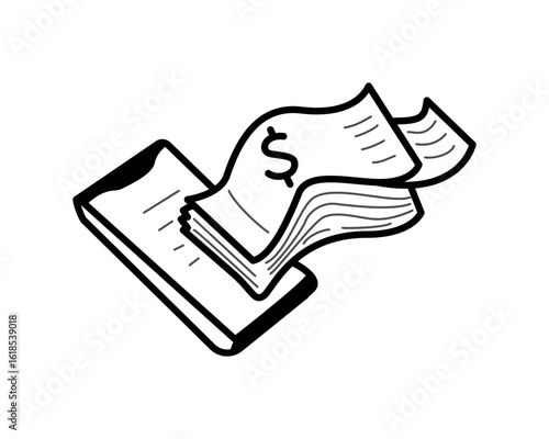 Simple black and white vector icon showing paper money flying out of a smartphone. Perfect for digital payments, online banking and finance apps