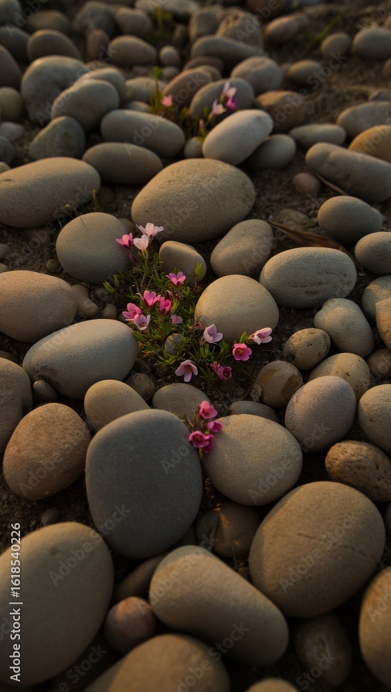 Obraz premium Small pink flowers bloom amongst smooth river stones
