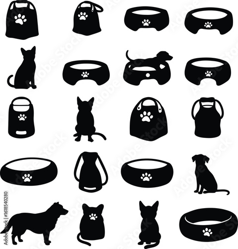 Pet silhouettes and accessories vector set, ideal for pet-themed designs, featuring various cats and dogs, along with different styles of food and water bowls in black and white.