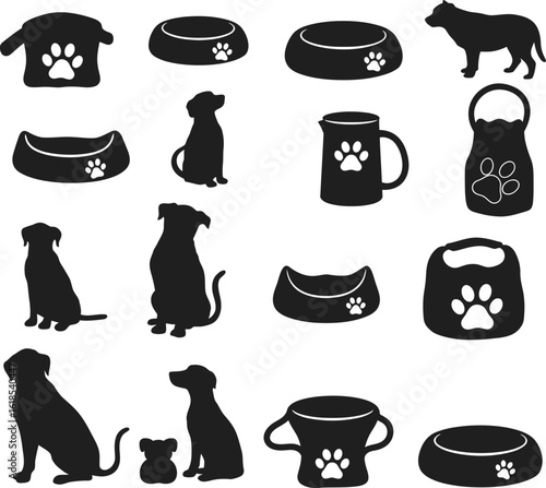 Dog silhouettes and accessories vector set, perfect for pet-themed designs, featuring various dog breeds, food bowls, water bowls, and toys in black and white.