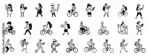 People activity silhouette vector set with walking, cycling, and phone usage in hand-drawn doodle style