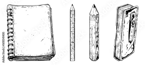 Stationery sketch and doodle vector set with notebook, pencil, eraser, and sharpener illustrations