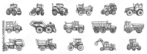 Heavy vehicle doodle and silhouette vector set with tractors, loaders, farm trucks, and machinery icons