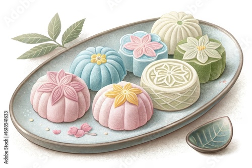 Showcasing traditional japanese wagashi sweets on a ceramic plate in pastel colors celebrating japanese culture and culinary artistry