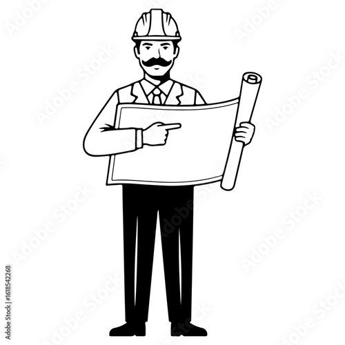 A professional engineer or architect with a mustache, wearing a hard hat. A construction foreman character pointing at a blueprint. Black and white illustration.