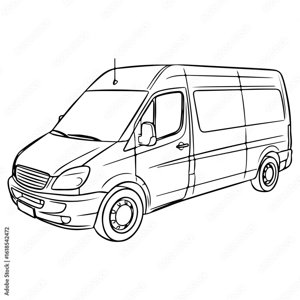 A commercial cargo van used for delivery and transport. A line art drawing of a utility vehicle for business and logistics concepts. A commercial cargo van used for delivery and transport. A line art drawing of a utility vehicle for business and logistics concepts.