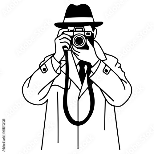 A photographer in a trench coat and hat taking a picture with a vintage camera. A retro illustration for photography, journalism, or detective concepts.