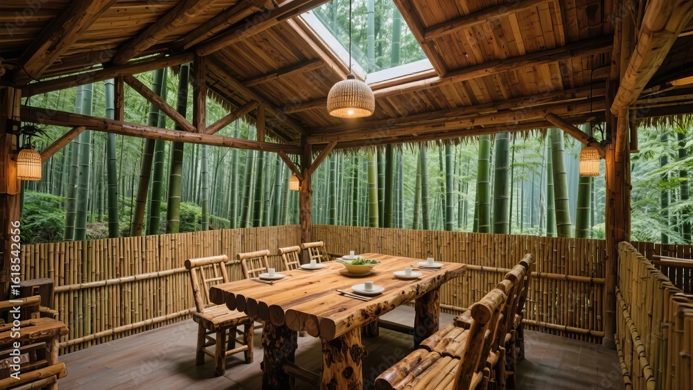 Fototapeta premium Rustic Wooden Dining Area Surrounded by Bamboo Forest