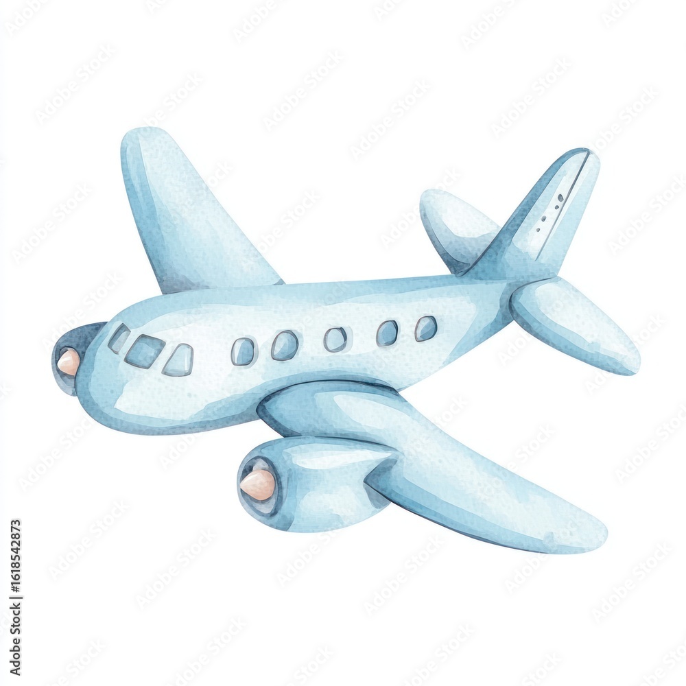 Naklejka premium Light blue airplane illustration. Watercolor style, simple design
