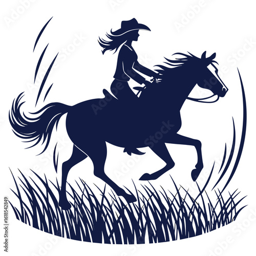 Woman in cowboy hat riding galloping horse in tall grass silhouette