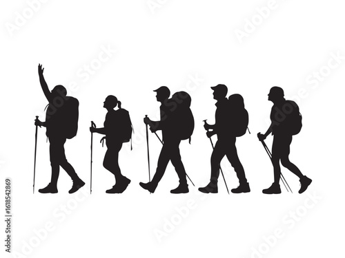 Hikers with backpacks and trekking poles walking in a line silhouette vector isolated on white background