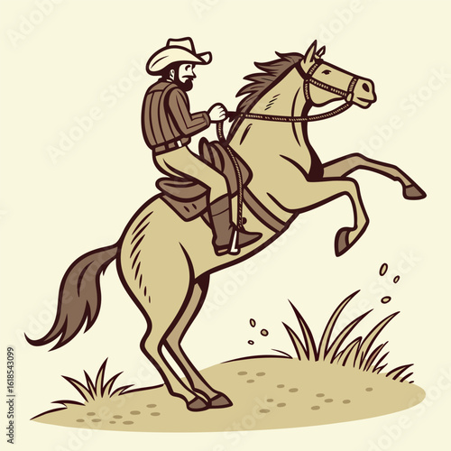 Bearded cowboy riding a rearing horse outlined in brown is situated atop pastureland