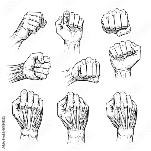 Fist hand gestures in artistic sketch style
