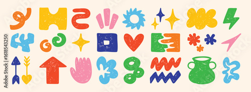 Cute abstract doodle shapes. Set of various modern kids hand drawn stars, hearts, clouds, flowers stickers. Retro comic figure