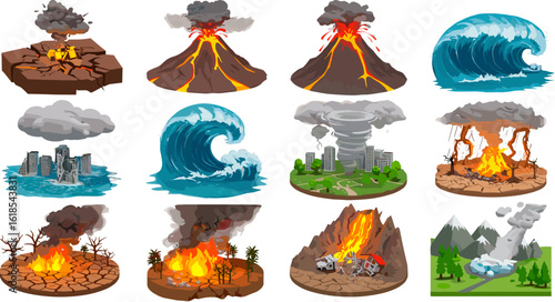 Cartoon Natural Disasters: Volcanoes, Earthquakes, Floods and Tornadoes Illustrated