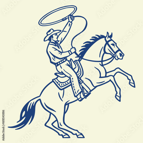 Cowboy is riding a rearing horse and throws a lasso above his head