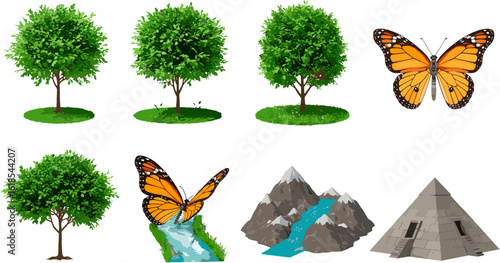Assorted nature icons featuring trees, butterflies, mountain, river and pyramid on white background.