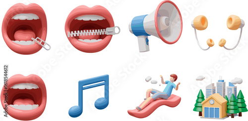 Stylized collection of 3D rendered graphic elements including mouths, relaxation, sound, and urban landscapes