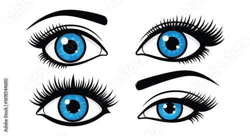 Four Pairs Of Blue Eyes With Black Eyelashes And Eyebrows vector illustration