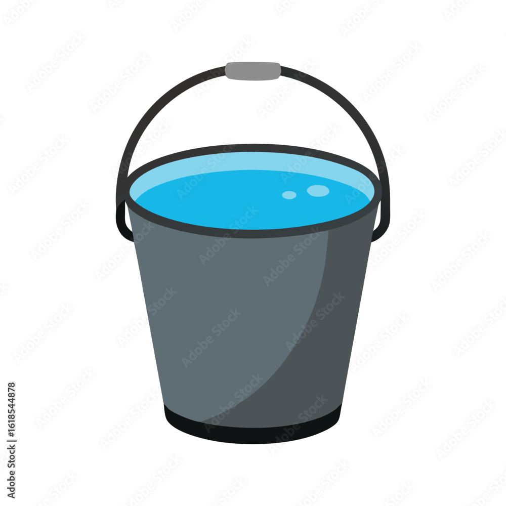 A gray bucket filled with clear blue water and a sturdy handle A gray bucket filled with clear blue water and a sturdy handle