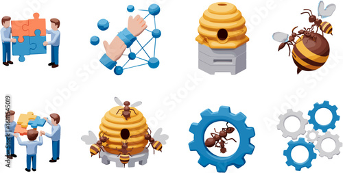 Diverse teamwork, connectivity, nature and industry symbols showcase interconnectedness and problem-solving concepts.