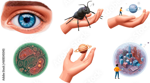 Conceptual image showcasing miniature worlds held gently in hands and a singular human eye