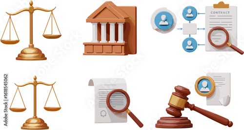 Diverse legal elements illustrated with precision and style in a cohesive 3D render.