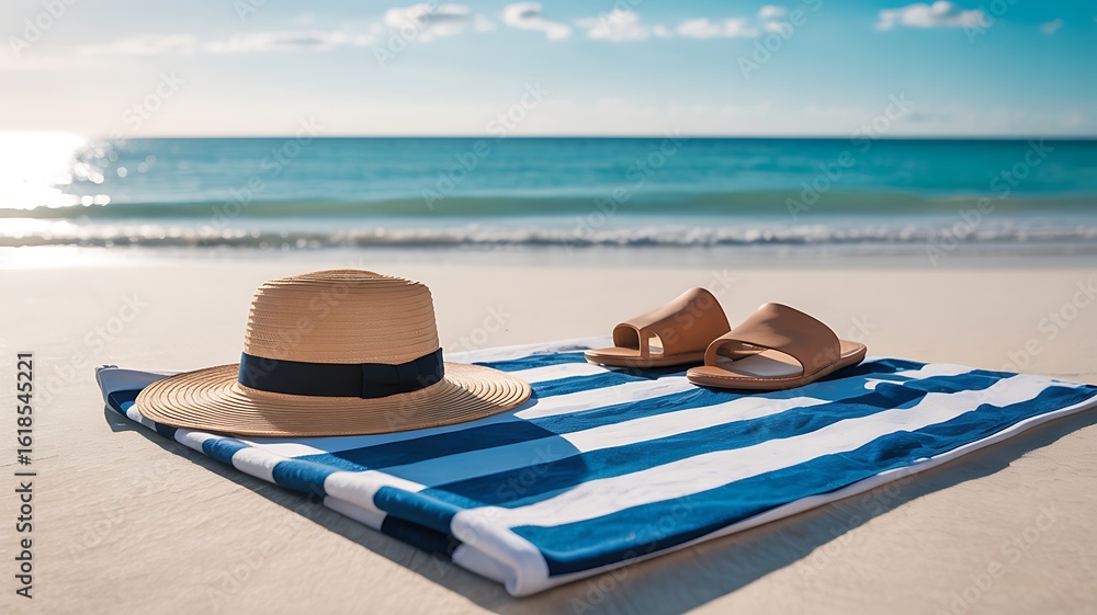Obraz premium Beach towel with hat and sandals by the ocean striped