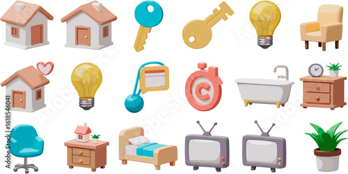 Cheerful Assortment of 3D Rendered Household Objects on Clean White Background