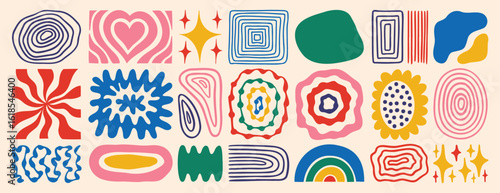modern abstract retro vintage shapes set. Colorful hand drawn collection geometric organic elements doodle collection. 60s 70s design aesthetics