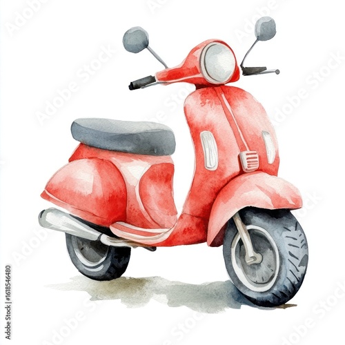 Watercolor illustration of a vintage red scooter.  A stylized, vibrant red scooter, rendered in a painterly watercolor style, sits against a plain white background.  