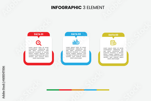 Minimalist 3-element infographic template with distinct colored data boxes and financial icons. Ideal for business presentations and reports