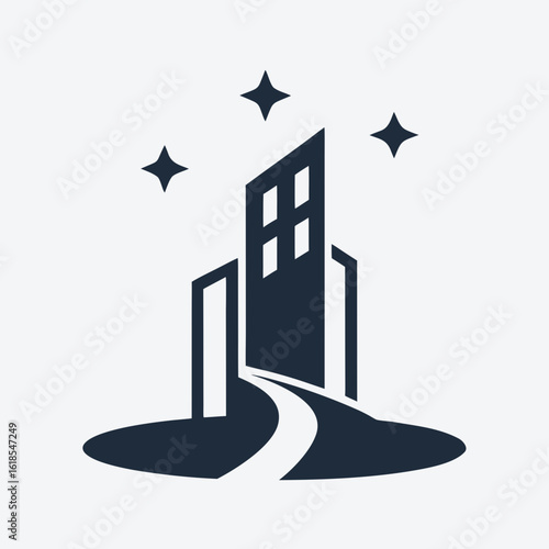 Modern Building Logo with Clean Path and Sparkle Icons Vector.