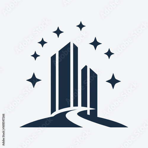 Modern Building Logo with Clean Path and Sparkle Icons Vector.