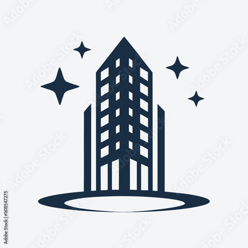 Modern Building Logo with Clean Path and Sparkle Icons Vector.
