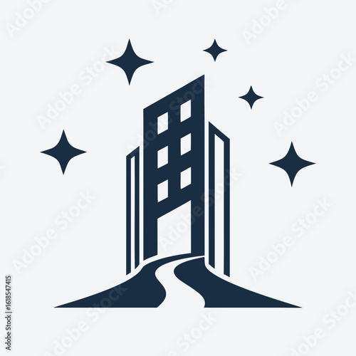 Modern Building Logo with Clean Path and Sparkle Icons Vector.