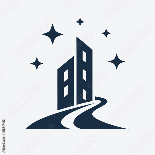 Modern Building Logo with Clean Path and Sparkle Icons Vector.