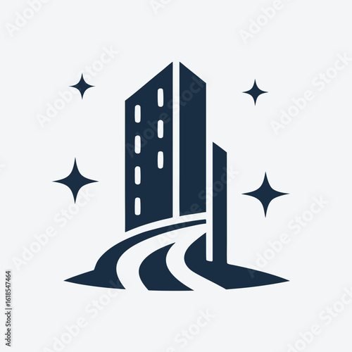 Modern Building Logo with Clean Path and Sparkle Icons Vector.