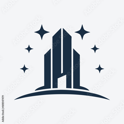 Modern Building Logo with Clean Path and Sparkle Icons Vector.
