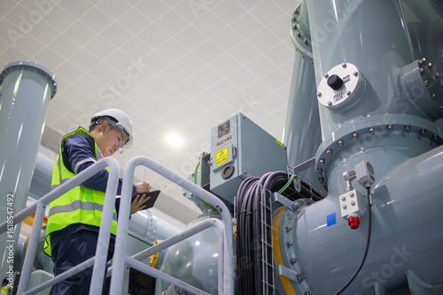 Photography Power station engineer working on industrial equipment with safety helmet and ve