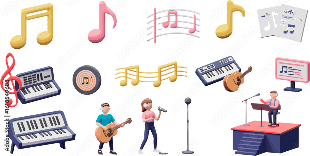 Fototapeta premium Cheerful Music Icons and Musicians Rendered in Playful 3D, Creating Whimsical Composition