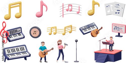 Cheerful Music Icons and Musicians Rendered in Playful 3D, Creating Whimsical Composition