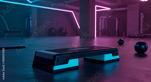 Modern exercise step in a trendy gym with vibrant neon lighting. A fitness professional in a contemporary setting, showcasing equipment in a modern gym.